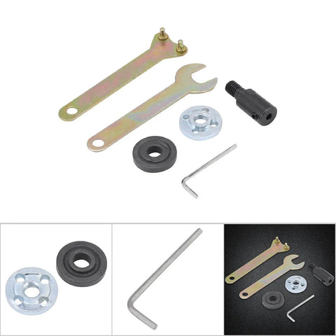 Front view of an angle grinder chuck kit showing two spanner wrenches, shaft adapter, flange, rubber seal, and hex key.