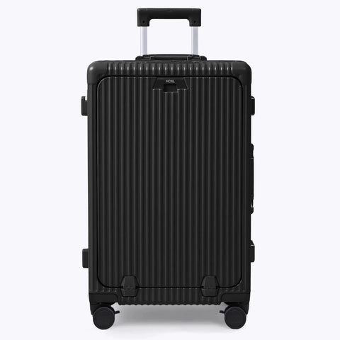 Front view of Zipperless Check In Suitcase With Aluminum Frame And Polycarbonate Shell For Ultra Durable Lightweight Travel At Just 11.1 Lb Jet Black Medium 27x17.5x10.4 Airline Approved TSA Locks 360 Degree Spinner Wheels By Nobl Travel