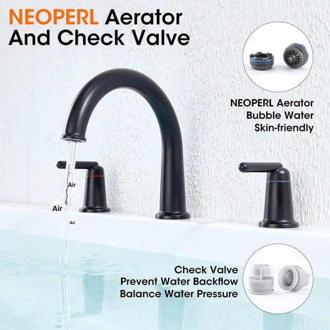 Matte Black Three Hole Widespread Deck Mount Tub Faucet Set With Premium Brass Valve Ceramic Disc Cartridge Backflow Check Valve High Flow Two Handle Roman Arch Bath Filler For Bathtub Modern Design Easy Install