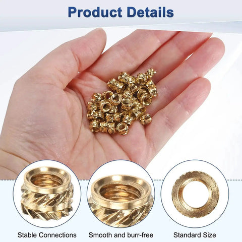Hand holding Brass Heat Set Threaded Inserts M4 X 4mm Length 6mm OD Knurled Female Metric Nuts for 3D Printing, 50 Pack