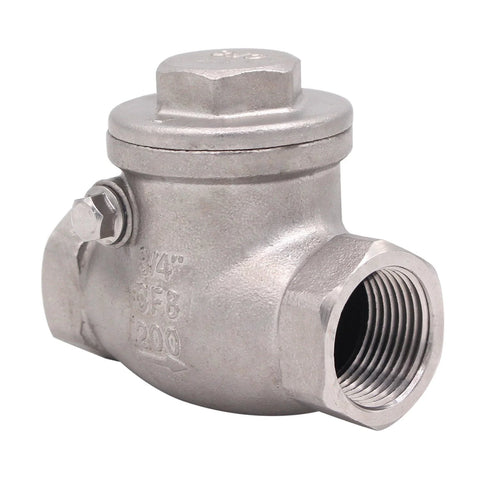 3/4 in stainless steel swing check valve, SS304 CF8M, NPT female ends, 200 psi WOG