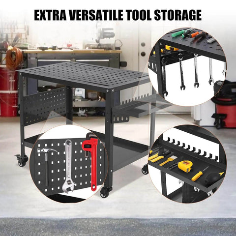 36 By 24 Inch Beefy Heavy Duty Welding Table On Wheels With Storage And Pegboard Portable Steel Welding Bench For Hobbyist Shop Black Built For Stability With 600 Pound Capacity And Easy Mobile Setup, shown with tool storage in a workshop.
