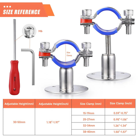 Heavy Duty 6 Pack 304 Stainless Steel Wall And Ceiling Pipe Mounts For 38 To 40mm OD Pipes, Adjustable Height From 30 To 50mm, Pipe Strap Clamps With Screws, Rust Resistant And Durable By WYSIWYKA