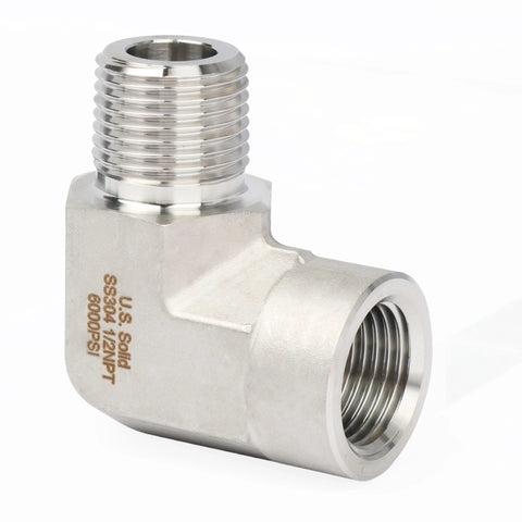 U.S. Solid 304 stainless steel 90-degree street elbow, male-to-female threaded, 6000 psi