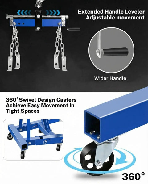 Blue 2-ton hydraulic engine hoist with lever, folding design, 6-locking wheels and 4-position boom; 360° caster detail.