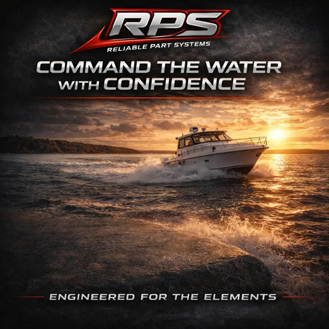 Boat cruising on water at sunset with 'Command the Water with Confidence' text and Reliable Part Systems branding.