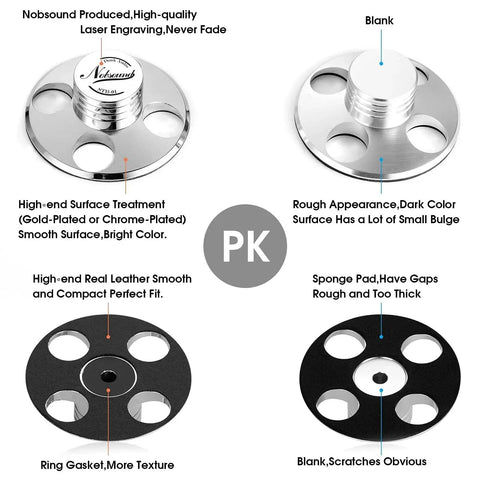 Comparison of Nobsound STB01 LP Vinyl Turntable Stabilizer Disc Weight with other models, showcasing surface and build quality differences.