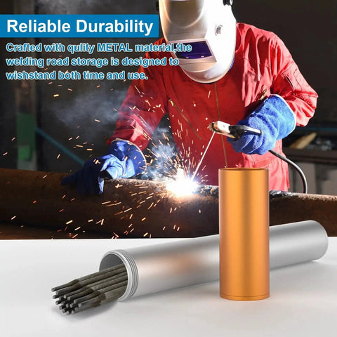 14 Inch Aluminum Welding Rod Storage Tube Airproof And Waterproof Canister For Tungsten Electrodes With Durable Orange Finish, Tight Seal Cap, Portable Welding Rod Container Keeps Electrodes Dry, Organized, And Ready To Roll Ybenlld next to a welder in protective gear.