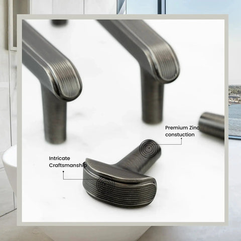 Close-up of Weathered Nickel Cabinet Pulls, 5 Inch Length, 128mm Screw Spacing, 10 Pack, knurled texture, zinc alloy construction.