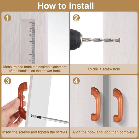 Installation guide for Wood Drawer Pull Handles 96mm Center Spacing Bridge Shaped Beech Wood Cabinet Knobs with screws.