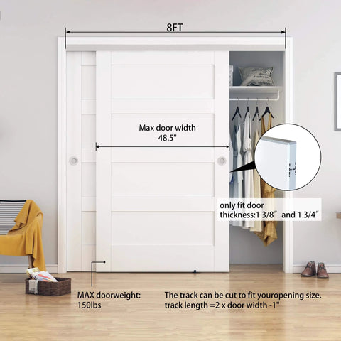Two Door Heavy Duty Aluminum Sliding Closet Door Hardware Kit With Finger Pulls, Supports Up To One Hundred Fifty Pounds Per Panel, Fits Door Thickness One Three Eighths Or One Three Quarters Inches, Track Length Cut To Fit For Custom Openings installed on white closet.