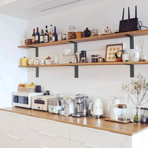 Kitchen shelves supported by heavy duty 10 inch L shaped shelf brackets 6 pack steel wall mount brackets with mounting hardware.