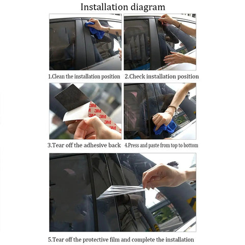 Installation steps of Jeep Cherokee B Pillar Trim Molding 6 Pieces Compatible 2014-2022 PC Durable with adhesive backing.