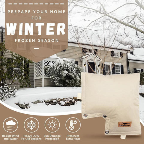 Beige insulated backflow preventer cover for irrigation valves, outdoor winter protection with grommets and Demedo logo