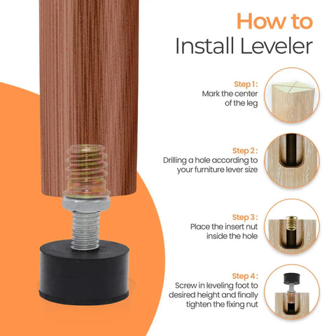 Installation guide for 8 Pack Rubber Adjustable Furniture Leveler Feet For Tables And Chairs, Threaded M8 Leveling Screws.