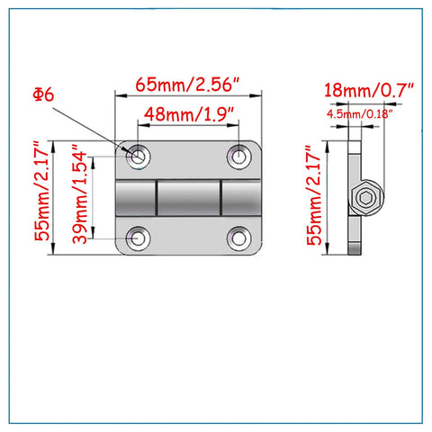 Diagram of Heavy Duty Adjustable Position Control Damping Hinges 2 Pack Black Zinc Alloy For Furniture Cabinets Equipment 0 To 2.5 Nm Torque With Countersunk Holes 65 By 55 Mm showing dimensions