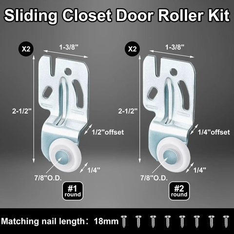 4 Pcs Sliding Closet Door Roller Kit For Top Hung Bypass Wardrobe Wheels Hardware Compatible With Doors From Three Quarters Of An Inch To One And Three Eighths Of An Inch Thick Ideal For Kitchen Cabinets And Closets With Smooth Operation And Quiet Rolling, showing metal rollers and screws.