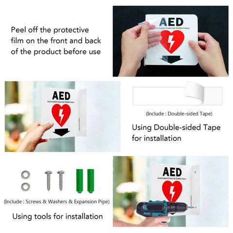 Installation steps for High Visibility AED Sign With Down Arrow Faittoo 6x6 Inch Acrylic Double Sided 90 Degree Projection, with tools and tape.