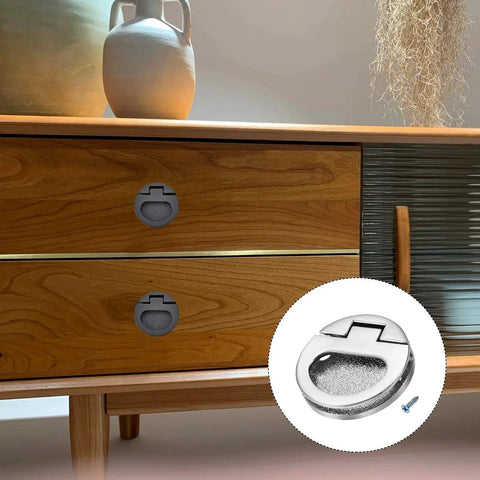 Flush Ring Pull Handles 43.5mm 1.71 Inch Zinc Alloy Flush Pull Slam Latch Set installed on wooden drawers, Dark Silver 2 Pack
