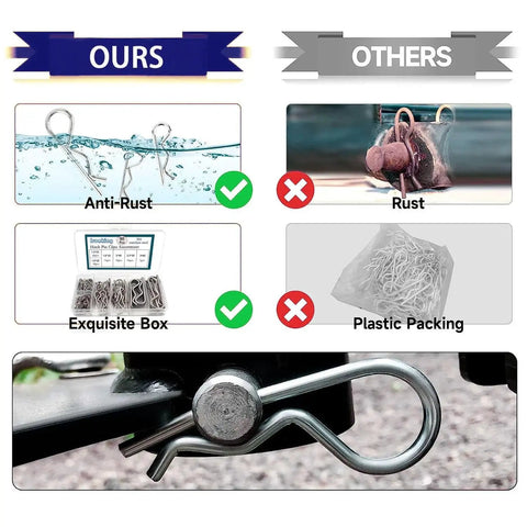 Comparison of anti-rust IronKing heavy duty 90 piece stainless steel hitch pin clips versus rusted alternative in packaging and use.