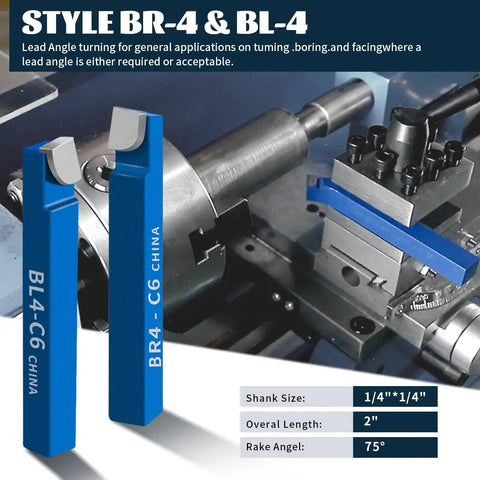 BR4-C6 and BL4-C6 carbide lathe cutter tool bits next to a metal lathe setup, part of Ten Piece One Quarter Inch Carbide Lathe Cutter Tool Bits Set For Metal Shop Milling And Welding Projects, Includes AR4-C6 AL4-C6 BR4-C6 BL4-C6 C4-C6 E4-C6 Carbide Tips, Plus 45 Steel Tool Holders.