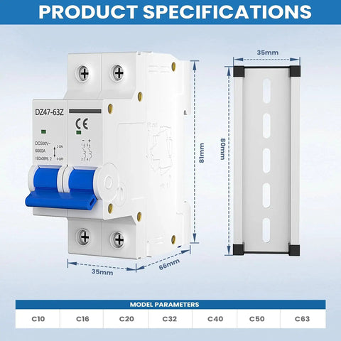 Product specifications for 50A 2P Solar PV Breaker With Thermal Magnetic Trip, Miniature Disconnect Switch, DIN Rail Mount, 500V Rating