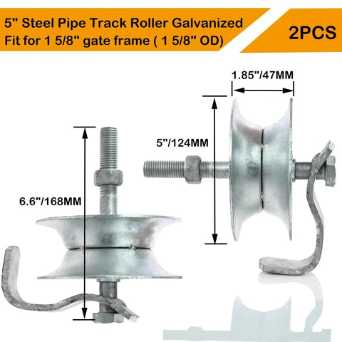 Sliding Gate Rollers 5 Inch Steel Wheel Galvanized For 1 And 5 Eighth Inch Pipe Track Fits 1 And 5 Eighth Inch Gate Frame