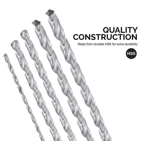 Extra Long Drill Bit Set For Deep Holes With 12 Inch Reach, M2 HSS Steel Bits, Five Piece Set Including One Eighth Inch, Three Sixteenths Inch, One Quarter Inch, Five Sixteenths Inch, And Three Eighths Inch, Durable Heat Treated By Neiko