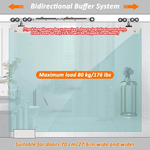 Sliding Glass Shower Door Hardware Kit With Silent Rollers And Aluminum Alloy Track Soft Close Pocket Barn Closet Bypass System Ceiling Mounted Champagne Finish 1.4 M Length Tough Aluminum Rail For Smooth Quiet Operation Easy Install, showing load capacity and installation options.