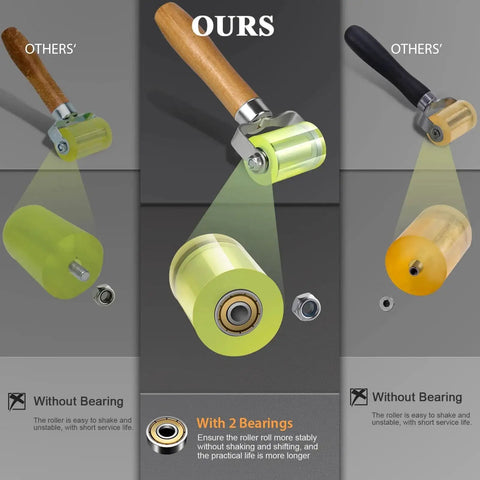 Comparison of bearings equipped seam roller for automotive car audio sound deadening with wood handle and steel bracket focus.