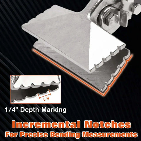 Close-up of 3 Inch Sheet Metal Hand Seamer With Straight Jaw, showing anti-rust nickel jaws with 1/4 inch incremental notches for precise bending.