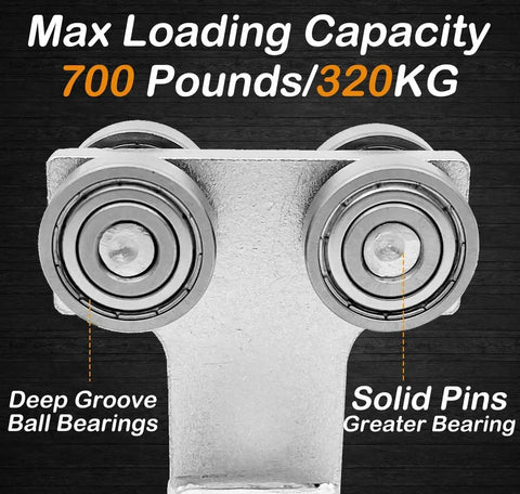 Close-up of 4 Wheel Trolley Assembly showing deep groove ball bearings and solid pins, 700 lb capacity per trolley, designed for 1-5/8 Inch Unistrut Channel Galvanized Steel Silent Operation High Load Capacity Up To 1000 Pounds Per Trolley Pack Of 2 Ideal For Industrial Applications And Smooth Quiet Performance In Harsh Environments.