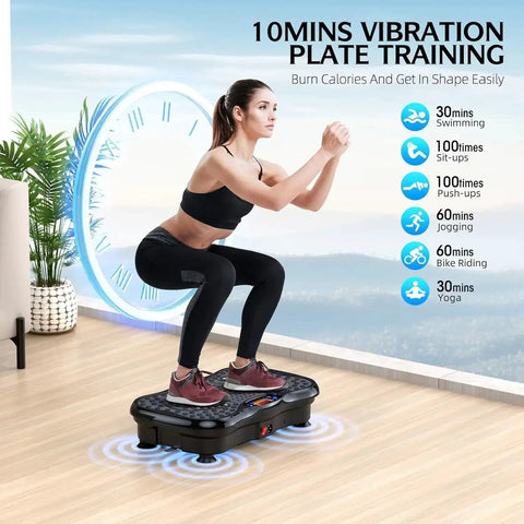 Woman using Vibration Plate Exercise Machine With Bluetooth And Remote Control, 1 to 999 Speed Settings, for fitness training.