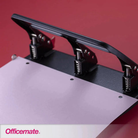 Close-up of 3 Hole Punch for Home Office, Medium Duty, 30 Sheet Capacity, showing ergonomic soft grip handles and adjustable guide