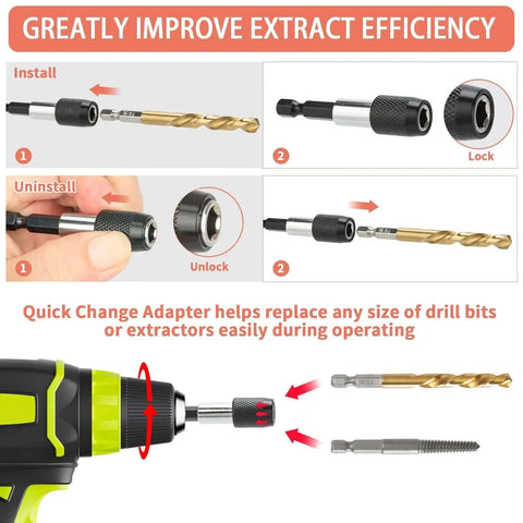 Easy Out Screw Extractor Set For Damaged Bolts And Studs, Quick Change Adapter with left hand drill bits in use demonstration