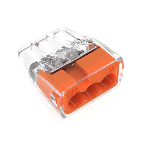 3-port push-in wire connector, orange body with clear housing for solid and stranded wires.