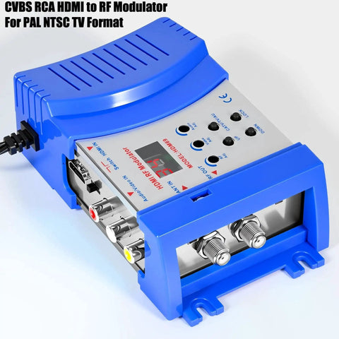 RF Modulator For TV Transforms HDMI Or CVBS RCA Into RF Coaxial, VHF UHF Output With PAL NTSC Support, compact blue device
