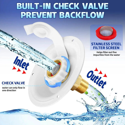 RV city water inlet with check valve for safe drinking water three quarter NH female to one half NPT male thread.