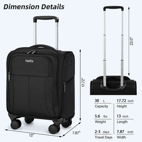 Underseat 16 Inch Carry On Luggage With Wheels Softside Personal Item Bag For Travel HanTrip 30L Capacity dimensions view