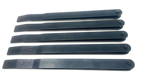 Pro Grade Durable Stainless Steel 5 Piece 6 Inch Hole Finder Tools Kit For Sheet Metal Strap Duplicator Includes Hole Sizes Forty Thirty Twenty One Ten And One Quarter Inch For Quick Precise Layer To Layer Hole Alignment, black metal tools with fixed screws, laid flat on white background