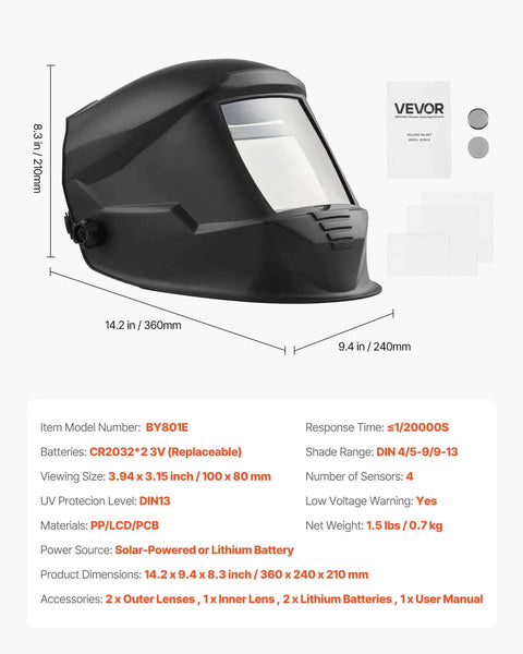 Auto Darkening Welding Helmet Pro Grade With True Color Large Viewing Screen Solar Powered Welder Mask Four Arc Sensors Wide Shade Range Four To Five And Nine To Thirteen For TIG MIG Cutting And Grinding Metis Series, side view