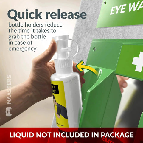 Hand placing bottle in Portable BPA Free Eye Wash Station OSHA Compliant Wall Mounted First Aid Kit With Mirror And Two 16 Ounce Empty Bottles No Eyewash Solution Included Emergency Eyewash Set Of One Maasters.