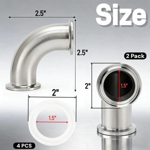Side view of stainless steel 90-degree sanitary elbow, 2 in tube OD, flange ends, with four silicone gaskets; 2-pack.