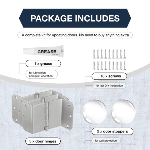 Package includes 3 Pack Offset Door Hinges Brushed Nickel 3.5 Inch 5/8 Inch Radius Swing Clear For Exterior And Interior Doors With Wall Stopper And Grease Heavy Duty Hardware