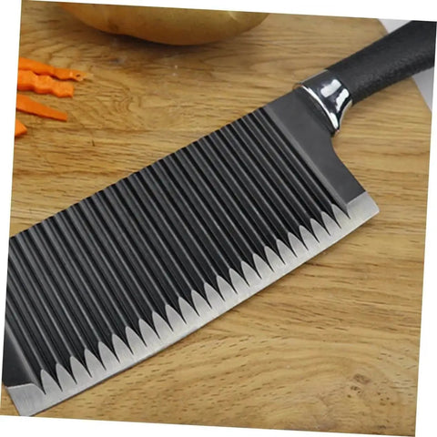 Wavy Chopper Knife Crinkle Cutter For Chips And Veggies Stainless Steel Mandoline Slicer Kitchen Tool on wooden surface