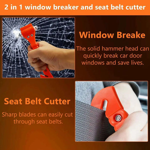 2 In 1 Car Window Breaker Hammer And Seat Belt Cutter Emergency Escape Tool For Auto Safety Two Pack High Carbon Steel Glass Breaker With Sharp Cutter Knife in use, showing glass breaking and seat belt cutting.