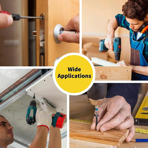 People using tools for various DIY tasks, illustrating the usage of 300 Piece Drywall And Wood Screws Assortment Kit With Flat Head Coarse Thread Phillips Drive Black Finish DIY Friendly Eight Sizes From Two Inch To One Half Inch