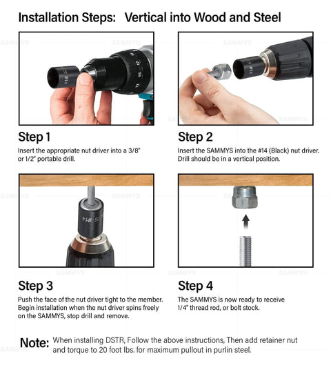 Installation steps for Sammys 8040957-50 DST 10 3/8 Inch Screw Vertical Threaded Rod Anchor in wood and steel