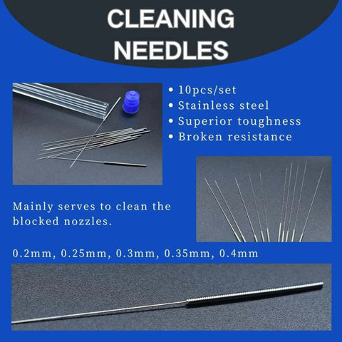 Stainless steel cleaning needles set for 3D printer nozzle maintenance, part of All In One 24 Piece 3D Printer Tool Kit