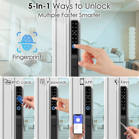 Slim Sliding Glass Door Lock With Biometric Fingerprint Remote App Control Keypad And RFID Access depicted with various unlock methods.